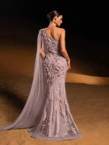 GIFORU Luxurious Lavender One-Shoulder Evening Gown – Elegant Floral Crystal Beading & Sheer Cape For Red Carpet Galas White Dress New Year Elegant Dresses For Party Elegant Long Graduation Dress Sparkly Dress - 藕粉色 - 查看 3