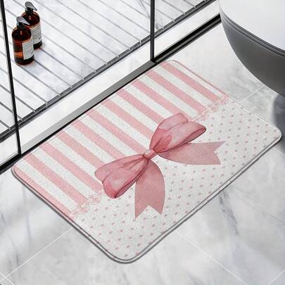 1件粉色蝴蝶结条纹波点浴室装饰地毯，甜美可爱地毯，浴室垫，小地毯，迎宾垫，地毯，地垫，户外门垫，厨房地毯，家居装饰，前门垫，小地毯，户外垫，家居装饰，地毯，花园地毯，可水洗厨房地毯