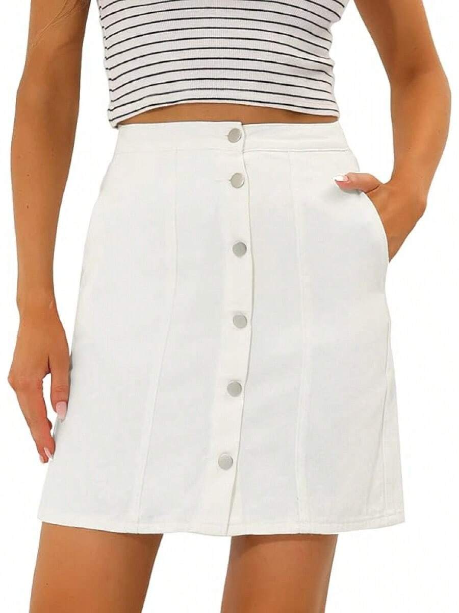 Women's Skirts 2025 Summer Casual A-Line Short Button Down Jean Skirt-LYST EMSV - 白色 - 查看 1