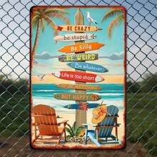 1pc Retro Beach Surfboard Metal Tin Sign, Iron Wall Art Decor With Inspirational Quotes, Vintage Style Poster For Cafe, Bar, Beach House - 8x12 Inches - 彩色 - 查看 1