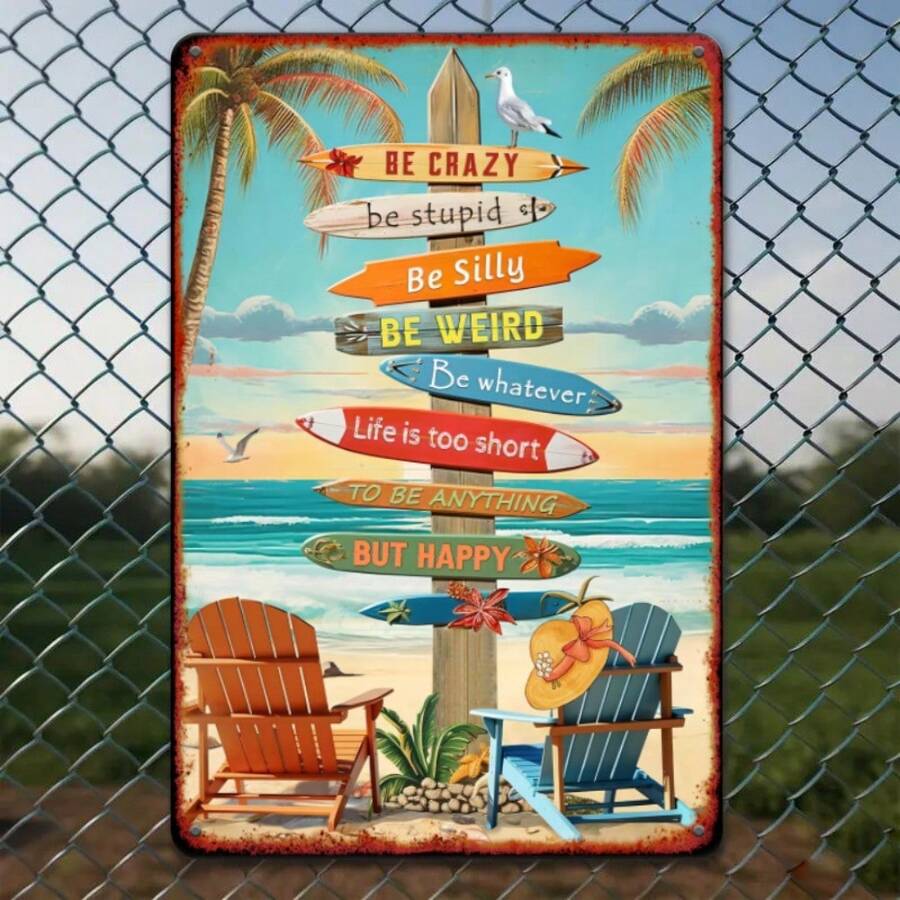 1pc Retro Beach Surfboard Metal Tin Sign, Iron Wall Art Decor With Inspirational Quotes, Vintage Style Poster For Cafe, Bar, Beach House - 8x12 Inches - 彩色 - 查看 1