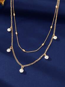 Rhinestone & Bead Decor Layered Necklace - Yellow Gold - View 4