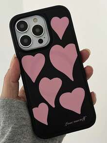 Ốp lưng điện thoại màu đen bóng hình trái tim hồng đáng yêu, tương thích với iPhone 16 15 14 13 12 11 Pro Max, viền đen thời trang, chống sốc. - yêu - Xem 5