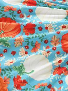 年轻女孩可爱南瓜和叶子印花及膝荷叶边下摆喇叭袖公主裙，适合秋季节日和万圣节