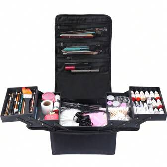 大型化妆箱，4层专业美甲收纳盒，适用于美甲套装、美甲工具、珠宝、化妆刷等，旅行化妆收纳包，带可调节肩带，化妆包、护肤包、洗漱包、打包袋，旅行必备化妆品旅行洗漱收纳包，必备礼品收纳包，拉链设计，适用于美甲等，女士礼物，圣诞礼物，女士送礼佳品