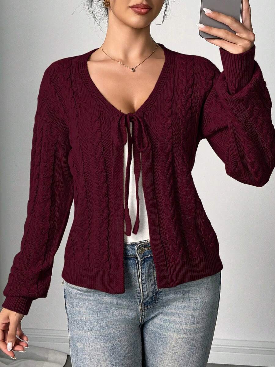 Elegant Solid Color Cable Knit Front Tie Bow Long Sleeve Cardigan Sweater For Women, Autumn/Winter - Burgundy - View 1