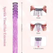 6个闪亮发夹，23.6英寸亮片接发夹套装，耐热闪光仙女发饰，适合女性（浅紫色） - 淡紫色 - 查看 2