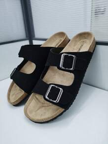 Fashionable Casual Black Suede Double Strap Mule Slippers, Adjustable Dual Metal Buckle Non-Slip Soft Cork Bottom Slip-On House Slippers, Suitable For Christmas, Halloween, Home, Date, Strolling, Commuting, Party, Beach