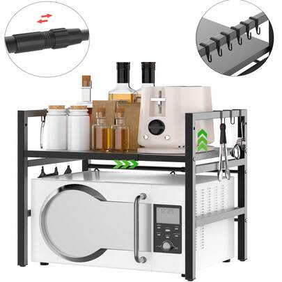 Huini Expandable Microwave Oven Rack With 6 Hooks, Space-Saving Kitchen Shelf With Storage Organizer, 2 Tier Kitchen Counter Organizer Shelf Stand, Countertop Microwave Shelf Stand Unit, 100 Kg Capacity
