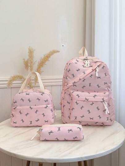 3件套尼龙蝴蝶结印花背包，可折叠多口袋大容量防水拉链背包，适合青少年、高中生、大学生、女士日常使用、通勤、旅行，情人节礼物