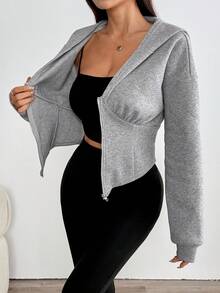 1pc Vintage Loose Fit Sweatshirt, Versatile American Style Zip-Up Jacket - Grey - View 6