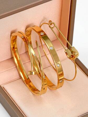 18K Gold Plated Stainless Steel Four-Leaf Clover Brooch Bracelet, Suitable For Women's Daily Wear, Classic European And American Clover Brooch Design, Inlaid With Cubic Zirconia, Luxurious And Elegant Gold Jewelry, Wedding Wrist Jewelry Set, Gift For Girls, Women, Moms, Relatives, Friends, Beautiful Wedding, Birthday, Mother's Day, Girlfriend Valentine's Day