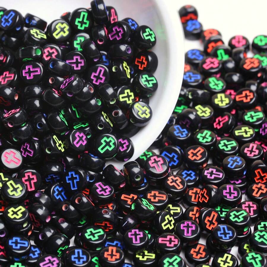 200/600Pcs 6mm Square/7mm Flat Round Acrylic Beads Cross Pattern Beads Loose Spacer Beads For Jewelry Making DIY Bracelets Accessories - Nền đen với các ký tự màu/hình dẹt - Xem 1
