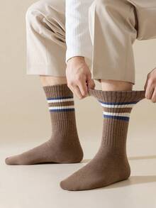 1/5 Pairs Men's Color Block Striped Thermal Lined Comfortable Soft Simple Casual Business Sports Mid,Calf Socks, Cozy Socks - Multicolor - View 5