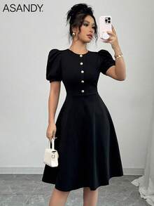 女士休闲纯色纽扣灯笼袖迷你连衣裙 - 黑色 - 查看 3