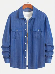 Men's Solid Color Denim-Like Breathable Comfortable Material, Pleated Pocket Design, Turndown Collar, Full-Button Closure, Contrast Button Decor, Suitable For Casual, Fashion, Commuting, Street Style, Spring/Autumn Long Sleeve Shirt - 藍色 - 查看 2
