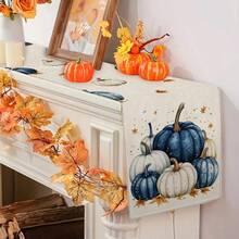 1pc/10pcs Pumpkin Pattern Table Runner, Thanksgiving Table Runner, Thanksgiving Blue & White Table Runner, Blue & White Table Runner, Ocean Holiday Table Runner, Autumn Harvest Table Runner, Seasonal Home Decor, Farmhouse Style, Faux Linen Material, 33*91CM/33*183CM/33*274CM, 3 Size Options, Indoor/Outdoor Home Decor, Party Supplies, Pumpkin Theme Decoration, Room Decor. Suitable For Home Kitchen Decor And Event Party Decoration - Multicolor - View 4