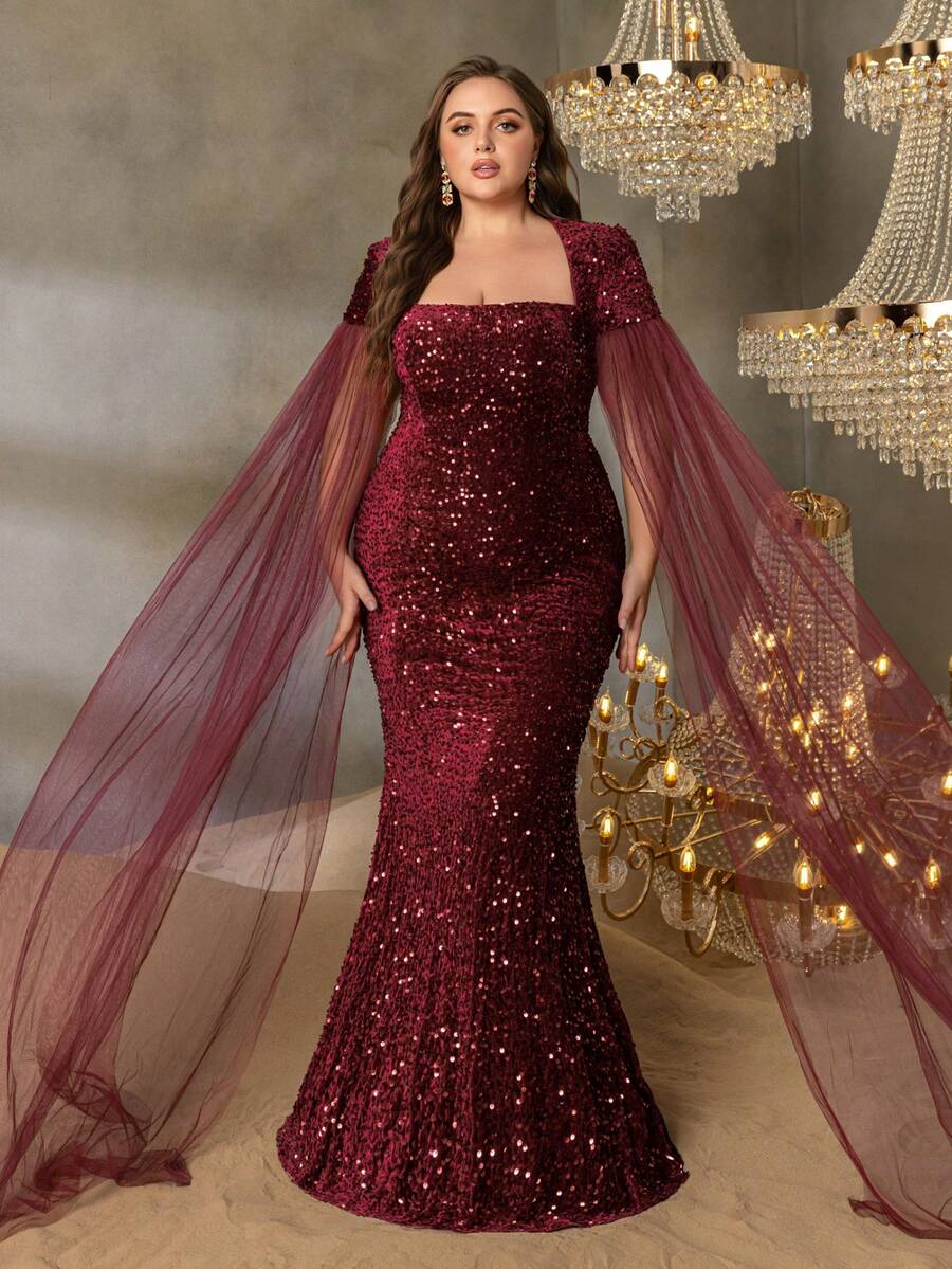 Faeriesty Curve Plus Square Neck Extra-Long Sleeve Sequin Formal Dress -Perfect For Red Carpet Galas, Black-Tie Weddings, Award Ceremonies, Charity Balls, And Luxury Fashion Events - Burgundy - View 1