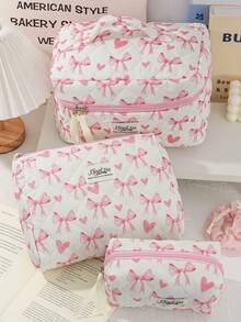 Pink Bow Pattern Cosmetics Storage Bag Large Capacity Travel Toiletry Bag Lovely Heart Print Makeup Bag Foam Quilted Travel Essentials Organizer Bag Cute Ribbon Bow Print Makeup Pouch Soft Fabric Skincare Storage Bag Small Items Storage Bag Soft Fabric Home Items Storage Bag Portable Cosmetics Organizer Bag With Zipper Make Up Holder Brush Bag - Pink - View 2