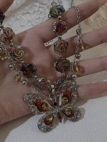 1pc Vintage Butterfly Flower Necklace For Women, Punk Chic Delicate Choker Necklace, Suitable For Parties, Gifts, Daily Wear - Multicolor - View 2