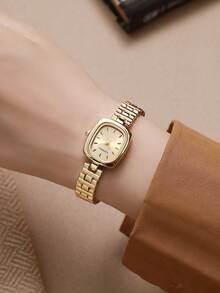 LIANDU LIANDU 1 Piece Square Dial Women's Watch, Vintage, Elegant And Simple Style, Studded Numerals Dial Inlay Decoration, Stainless Steel Detachable Strap Perfect For Everyday Wear, Birthday Gifts, Parties, Holiday Gatherings, And As The Ideal Gift For Yourself Or Friends - 金色 - 查看 3