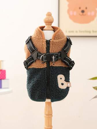 1pc Pet Clothes, Dog/Cat Apparel, Small Dog Puppy Cute Pet Clothes, Dog Outfit, Small Dog Autumn/Winter Warm Comfortable Fleece Patchwork Harness Vest - Green/Coffee