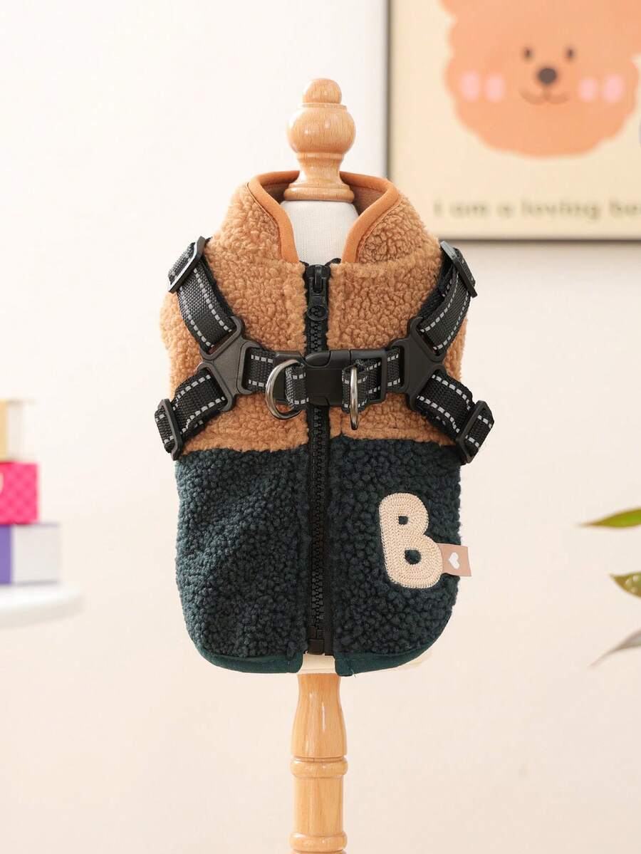 1 件宠物衣服，狗/猫服装，小型犬幼犬可爱宠物衣服，狗狗服装，小型犬秋冬保暖舒适羊毛拼布背带背心 - 绿色/咖啡色