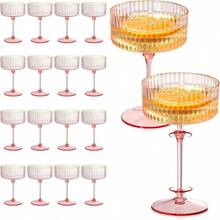 24 Pcs Detachable Martini Glasses 10oz Plasitc Pink Ribbed Coupe Glasses Gold Rim With Pink Stem Vintage Cocktail Glassware Set Unique Martini Glass For Champagne Wine Wedding Anniversary Bar - 羅紋粉紅色 - 查看 1