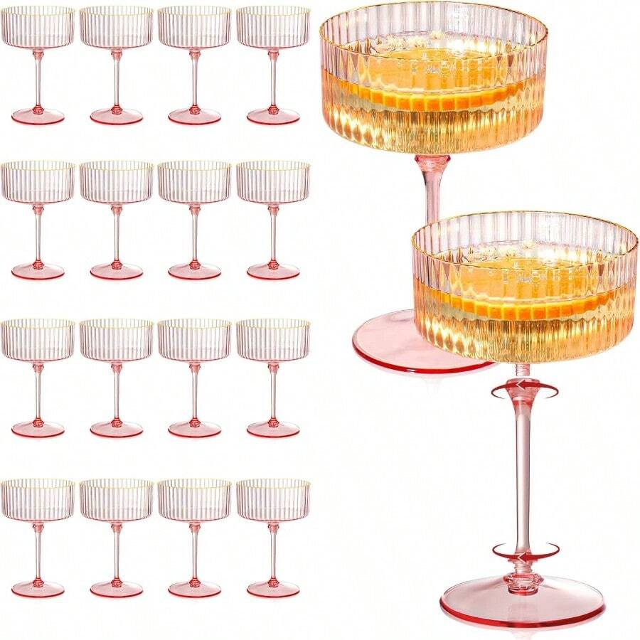 24 Pcs Detachable Martini Glasses 10oz Plasitc Pink Ribbed Coupe Glasses Gold Rim With Pink Stem Vintage Cocktail Glassware Set Unique Martini Glass For Champagne Wine Wedding Anniversary Bar - 羅紋粉紅色 - 查看 1