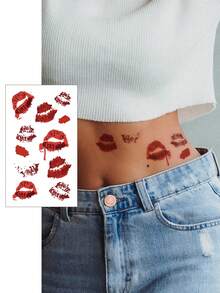 4 件万圣节临时纹身，假血手印，红唇，伤口图案，DIY 节日派对手指、耳朵、肩膀、颈部、锁骨、身体贴纸 - 紅色 - 查看 6