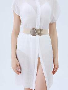 1 Piece Of Women's Solid Color Fashionable Casual Elastic Belt, Round Buckle Elastic Waistband, Suitable For All Seasons - Apricot - View 1