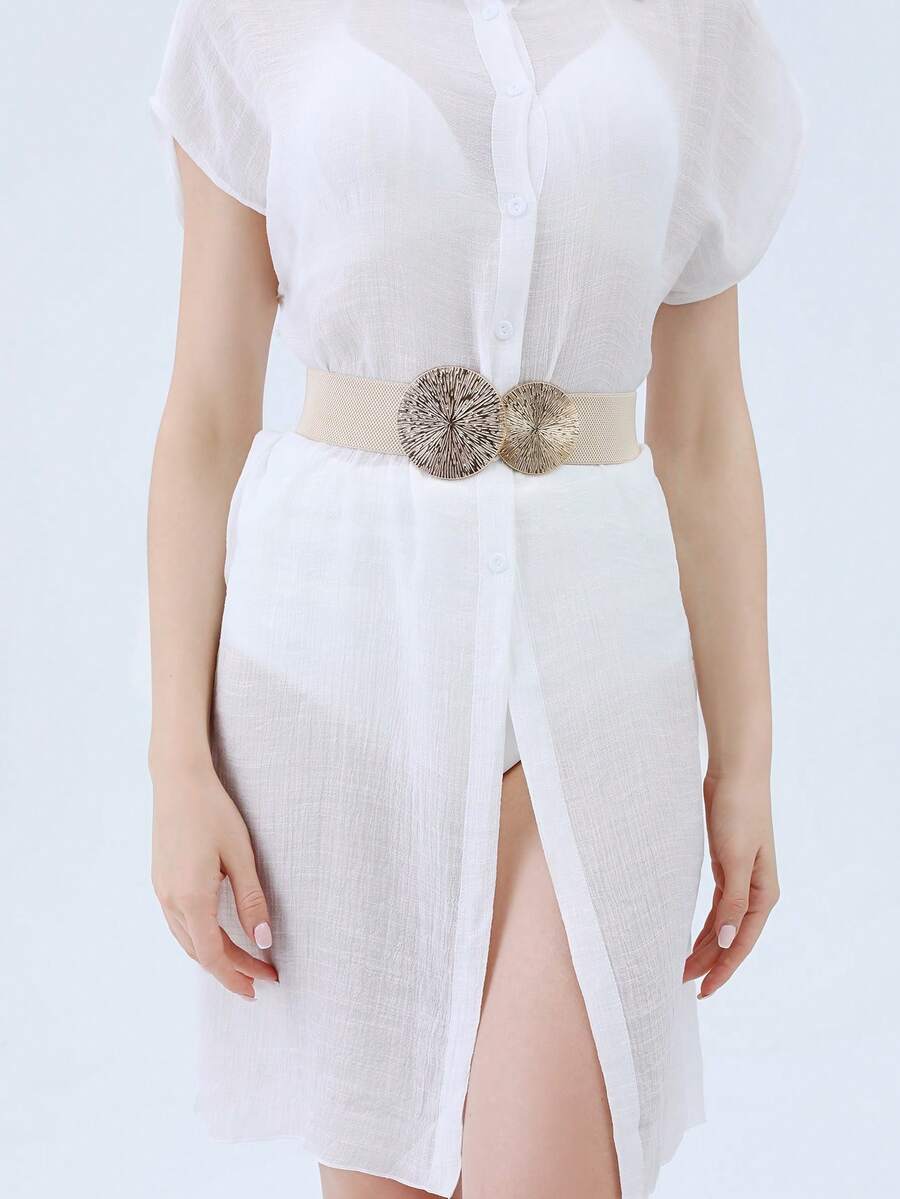 1 Piece Of Women's Solid Color Fashionable Casual Elastic Belt, Round Buckle Elastic Waistband, Suitable For All Seasons - Apricot - View 1