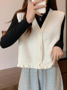 Chaleco de mujer con cuello en V para otoño/invierno con diseño de volantes en el bajo - Beis - Ver 5