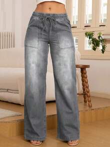 8433# Women's Fashion Versatile Denim Jeans With Back Pockets, Drawstring Elastic Waist, Straight Leg Wide Leg Casual Spring - Grey - View 3