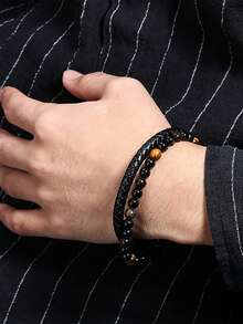 Xiacheng 1/6 件男士编织皮革手链 - 手工牛皮腕带，波西米亚风格合金扣，送给丈夫/男朋友的礼物（黑色） - 黑色 - 查看 6