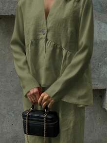 Look Polly Women's Fall Women Clothes Winter Clothes Back To School Old Money Cute Tops Women Leisure Vacation Simple Solid Color Single Breasted Button Butter Yellow Traceable Cotton Women Two Pieces Set Halloween Clothes Women Button Up Shirt Women Clothes For New Year Elegant Women's Set Beach Set