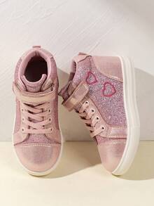 Giày thể thao cổ cao cho trẻ mới biết đi bằng da mềm, chống trượt, nhẹ, thời trang cho bé gái và bé trai, giày thể thao thường ngày có họa tiết trái tim và đá quý, mùa xuân/thu - Hồng - Xem 5