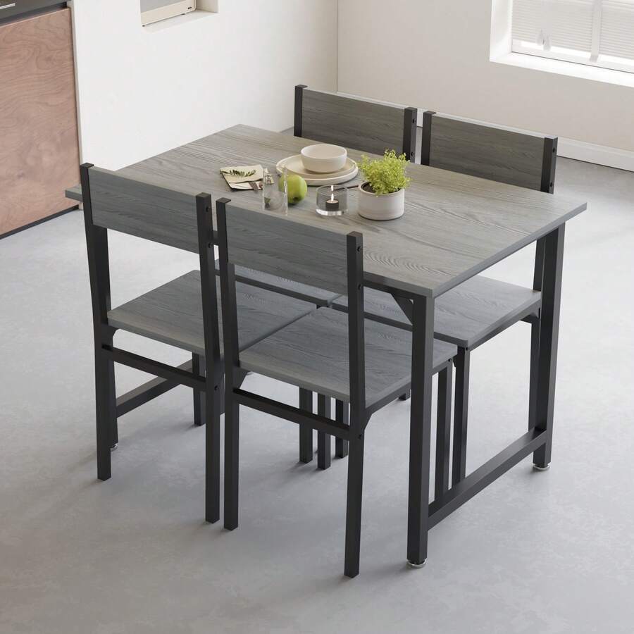 5-Piece Grey Dining Set Including Rectangular Dining Table Dining Chairs With MDF Top Metal Frame Space Saving Dinette Set For Dining Room, Apartment, Small Space - Grey - View 1