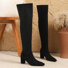 Kozaki za kolano dla kobiet, dopasowany krój, elastyczna cholewka, wysoka cholewka, gruby obcas, szpiczasty nosek, nowe, uniwersalne, wysokie kozaki, futrzane oficerki
