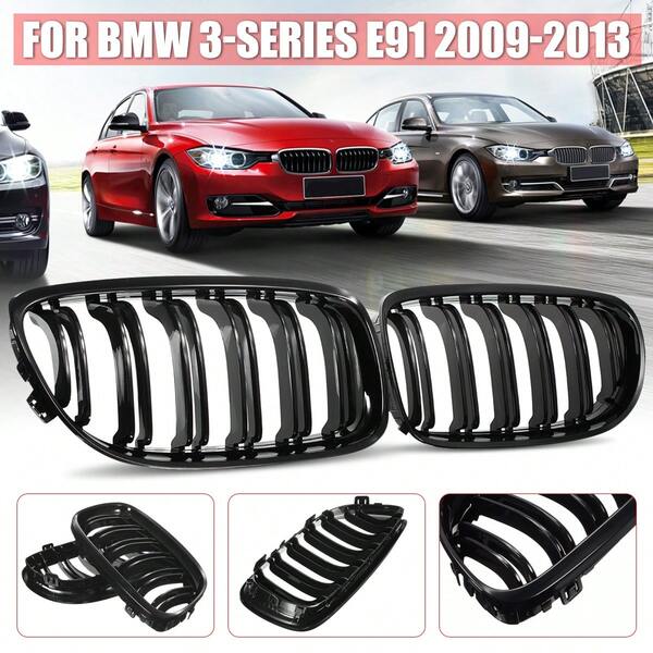 Pair Glossy Black Front Kidney Double Slat Grill Grilles For BMW E90 E91 LCI 3 Series Sedan Wagon 325i 328i 335i 335xi 330i 2009-2013