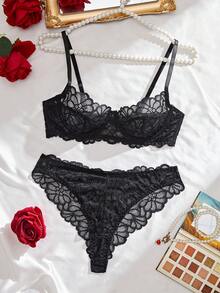 2pcs/Set Women's Sexy Lingerie, Black Lace Floral Bra Set With Adjustable Straps, Sexy Bra, Valentine's Day Gift - Black - View 3