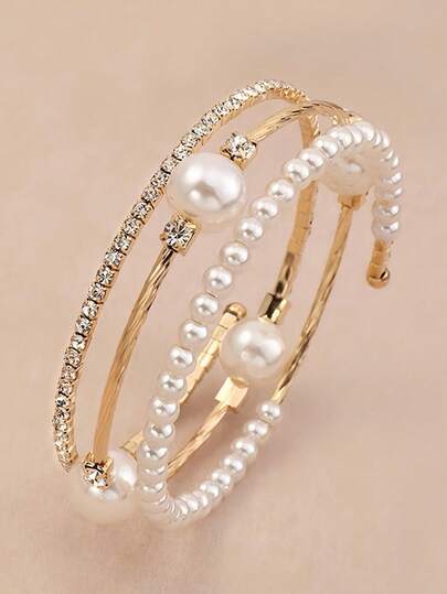 1pc Fashionable Delicate Pearl & Rhinestone Decorated Bracelet For Girls