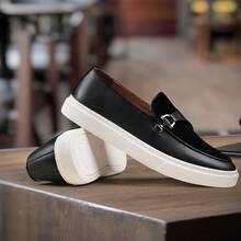 Men's Slip-On Loafers With Buckle Decor, Solid Color Round Toe, Thick Sole, Casual Flat Shoes, Minimalist Style, Suitable For Daily Wear And Streetwear, All Season, Black PU Leather - Black - View 12