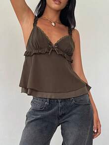 Women's Teen Girls Clothes Summer Sweet Cami Tops Frill Spaghetti Strap Chiffon Vest Bow Front Ruffled Cropped Camisole Tops For Girls - Nâu nhạt - Xem 2