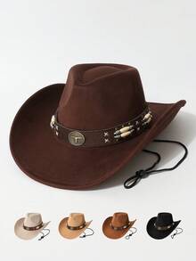 1 pieza Sombrero de ala ancha de tela de alta calidad con decoración de cadena con cabeza de toro para mujer, sombrero vaquero minimalista de moda todo a juego, sombrero de jazz adecuado para fiesta, evento con tema occidental, reunión, cosplay, ceremonia de graduación, baile de máscaras, vacaciones, celebración de cumpleaños, festival de música, viaje y senderismo