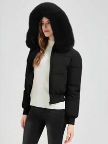 FANMUER Nuovo cappotto imbottito corto da donna con cappuccio e colletto in pelliccia sintetica, maniche lunghe regolari e chiusura con zip, casual per l'inverno