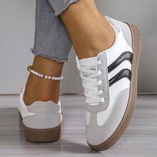 新款春秋休闲运动鞋，女士时尚混色系带运动鞋，舒适防滑平底鞋 - 白色 - 查看 5