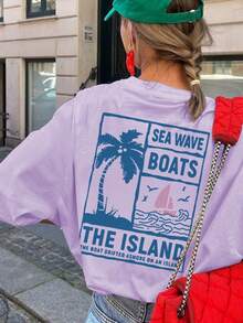 女士夏季字母棕榈树印花圆领短袖休闲 T 恤，百搭时尚，适合日常度假风格。图案 T 恤女士白色上衣黑色上衣粉色上衣 - 紫色 - 查看 5