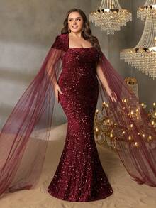 Faeriesty Curve Plus Square Neck Extra-Long Sleeve Sequin Formal Dress -Perfect For Red Carpet Galas, Black-Tie Weddings, Award Ceremonies, Charity Balls, And Luxury Fashion Events - Burgundy - View 7