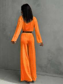 Set de 2 piezas de unicolor con top de manga larga de cuello redondo y pantalones, última , transpirables, cómodos, suaves, holgados y elásticos, adecuados para usar tanto en exteriores como en interiores, ropa de otoño